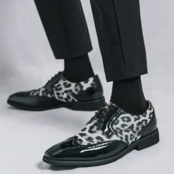 Men's Leopard Print Oxford Shoes - Patent Faux Leather Accents with Brogue Detailing for Formal and Party Occasions