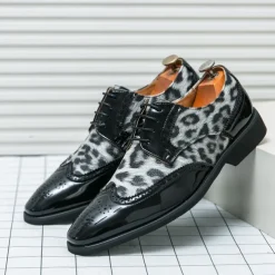 Men's Leopard Print Oxford Shoes - Patent Faux Leather Accents with Brogue Detailing for Formal and Party Occasions