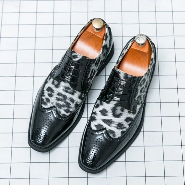 Men's Leopard Print Oxford Shoes - Patent Faux Leather Accents with Brogue Detailing for Formal and Party Occasions