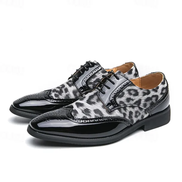 Men's Leopard Print Oxford Shoes - Patent Faux Leather Accents with Brogue Detailing for Formal and Party Occasions