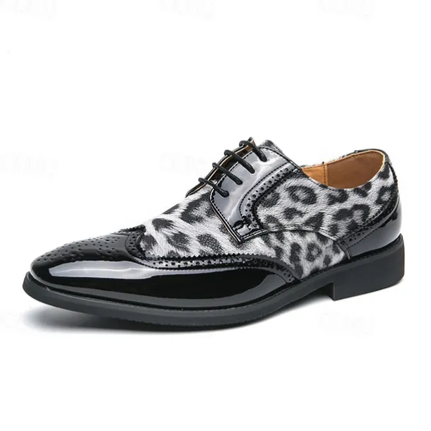 Men's Leopard Print Oxford Shoes - Patent Faux Leather Accents with Brogue Detailing for Formal and Party Occasions