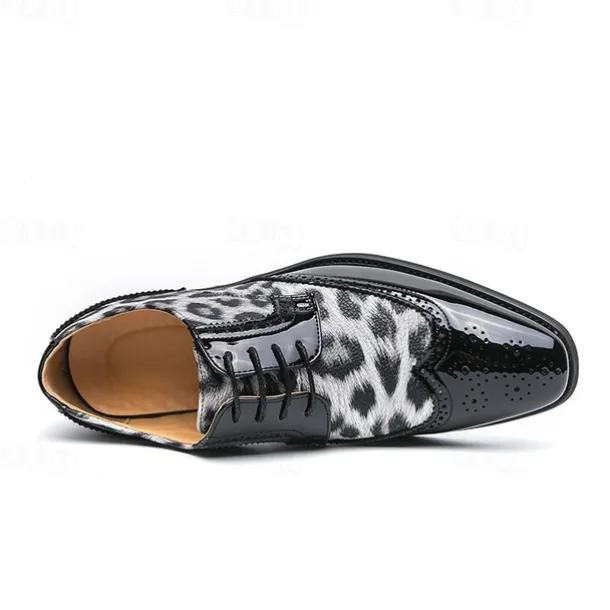Men's Leopard Print Oxford Shoes - Patent Faux Leather Accents with Brogue Detailing for Formal and Party Occasions