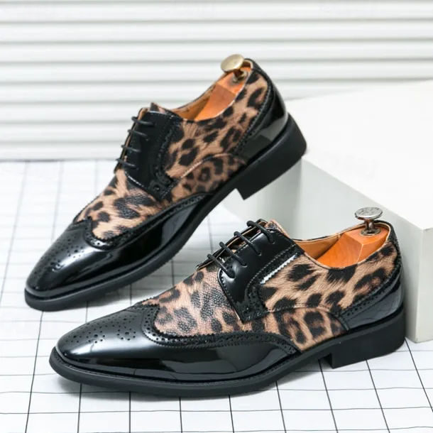 Men's Leopard Print Oxford Shoes - Patent Faux Leather Accents with Brogue Detailing for Formal and Party Occasions
