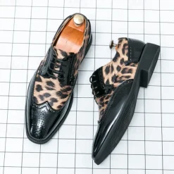 Men's Leopard Print Oxford Shoes - Patent Faux Leather Accents with Brogue Detailing for Formal and Party Occasions
