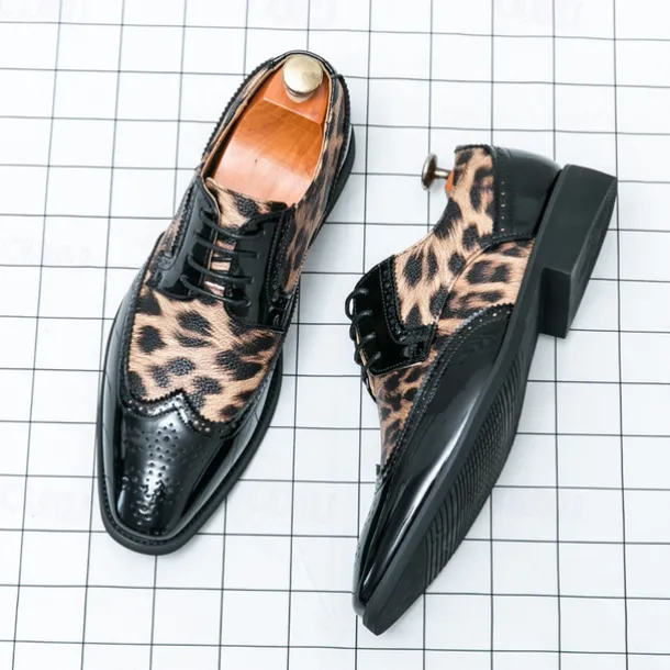 Men's Leopard Print Oxford Shoes - Patent Faux Leather Accents with Brogue Detailing for Formal and Party Occasions