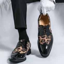Men's Leopard Print Oxford Shoes - Patent Faux Leather Accents with Brogue Detailing for Formal and Party Occasions