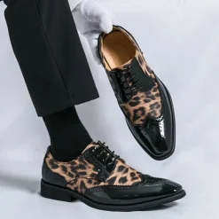 Men's Leopard Print Oxford Shoes - Patent Faux Leather Accents with Brogue Detailing for Formal and Party Occasions