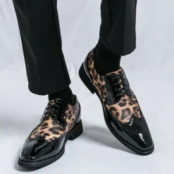 Men's Leopard Print Oxford Shoes - Patent Faux Leather Accents with Brogue Detailing for Formal and Party Occasions