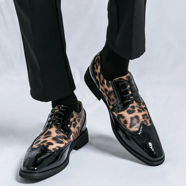 Men's Leopard Print Oxford Shoes - Patent Faux Leather Accents with Brogue Detailing for Formal and Party Occasions