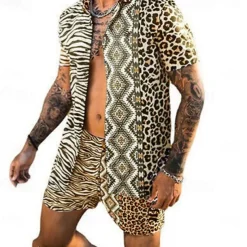 Men's Leopard Zebra 2pcs Shirts Sets Summer Hawaiian Shirt Short Sleeve Short Pants Turndown Fashion Hawaiian Casual Outdoor Vacation Beach 3D Print Button-Down Summer Spring Black Yellow Pink