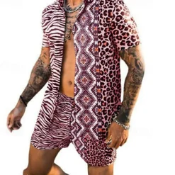 Men's Leopard Zebra 2pcs Shirts Sets Summer Hawaiian Shirt Short Sleeve Short Pants Turndown Fashion Hawaiian Casual Outdoor Vacation Beach 3D Print Button-Down Summer Spring Black Yellow Pink