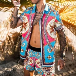 Men's Leopard Zebra 2pcs Shirts Sets Summer Hawaiian Shirt Short Sleeve Short Pants Turndown Fashion Hawaiian Casual Outdoor Vacation Beach 3D Print Button-Down Summer Spring Black Yellow Pink