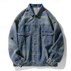 Men's Letter Coat Jean Jacket Denim Jacket Breathable Comfortable Vintage Casual Sports & Outdoor Going out Weekend Buttons Print Fall & Winter Turndown Long Sleeve Black Blue