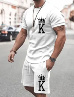 Men's Letter 2pcs Tees sets Matching Sets Short Sleeve Short Pants Crewneck Fashion Streetwear Gymnatics Outdoor Daily Wear Going out Drawstring Elastic Waist Summer Black White Pink