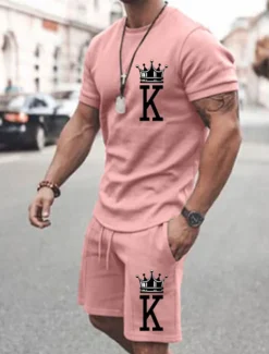 Men's Letter 2pcs Tees sets Matching Sets Short Sleeve Short Pants Crewneck Fashion Streetwear Gymnatics Outdoor Daily Wear Going out Drawstring Elastic Waist Summer Black White Pink
