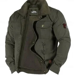 Men's Letter Printed Embroidered Fleece Jacket Sherpa Trucker Jacket Work Cargo Jacket Turn-Down Collar Warm Winter Cotton Jacket Vintage Casual Going Out Coat Multi-Pockets
