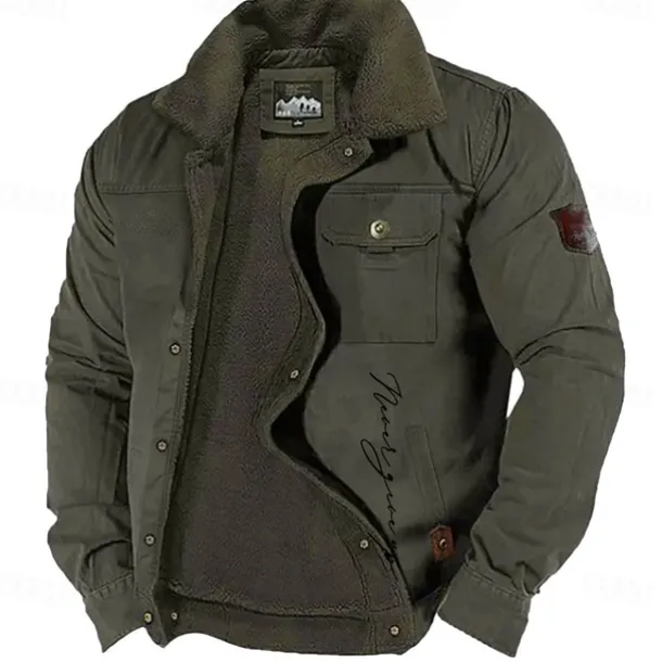 Men's Letter Printed Embroidered Fleece Jacket Sherpa Trucker Jacket Work Cargo Jacket Turn-Down Collar Warm Winter Cotton Jacket Vintage Casual Going Out Coat Multi-Pockets