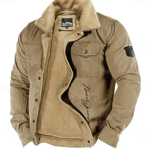 Men's Letter Printed Embroidered Fleece Jacket Sherpa Trucker Jacket Work Cargo Jacket Turn-Down Collar Warm Winter Cotton Jacket Vintage Casual Going Out Coat Multi-Pockets