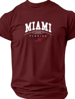 Men's Letter Printed Miami T Shirt Tee Top 100% Cotton Short Sleeve Graphic Shirt Black Wine Dark Blue Comfortable Tee Street Sports Outdoor Fashion Designer Clothing