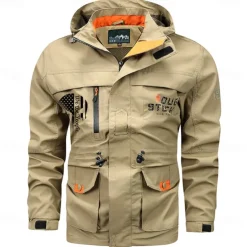 Men's Letter Printed Outdoor Jacket Coat Tactical Practical Casual Sports Outdoor Daily Wear Side Pockets Zip Front Adjustable Drawstring Hood Fall Winter Standing Collar Long Sleeve khaki Army Green