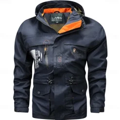 Men's Letter Printed Outdoor Jacket Coat Tactical Practical Casual Sports Outdoor Daily Wear Side Pockets Zip Front Adjustable Drawstring Hood Fall Winter Standing Collar Long Sleeve khaki Army Green