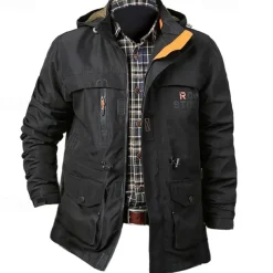 Men's Letter Printed Outdoor Jacket Coat Tactical Practical Waterproof Casual Sports Outdoor Daily Wear Zip Front Adjustable Drawstring Hood Graphic Fall Winter Standing Collar Long Sleeve Black Army