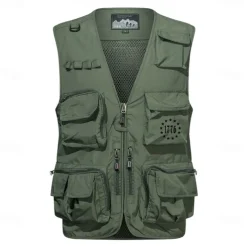 Men's Letter Printed Vest Waistcoat Gilet Tactical Practical Removable Casual Sports Outdoor Fishing Photography Mesh Side Pockets Quick Dry Fall Winter Collarless Sleeveless khaki Army Green Dark