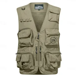 Men's Letter Printed Vest Waistcoat Gilet Tactical Practical Removable Casual Sports Outdoor Fishing Photography Mesh Side Pockets Quick Dry Fall Winter Collarless Sleeveless khaki Army Green Dark