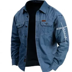 Men's Letter Printed Work Shirt Western Shirt Cargo Shirt Long Sleeve Casual Tactical Sports & Outdoor Going out Winter Spring & Fall Turndown Print Army Green Blue Khaki