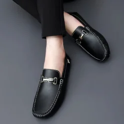 Men's Light Blue Driving Loafers - Casual Slip-On Moccasins with Metal Buckle Detail, Comfortable Shoes for Driving & Everyday Wear