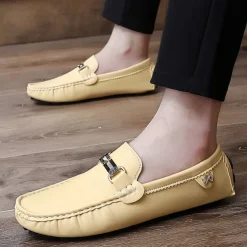 Men's Light Blue Driving Loafers - Casual Slip-On Moccasins with Metal Buckle Detail, Comfortable Shoes for Driving & Everyday Wear