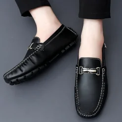 Men's Light Blue Driving Loafers - Casual Slip-On Moccasins with Metal Buckle Detail, Comfortable Shoes for Driving & Everyday Wear