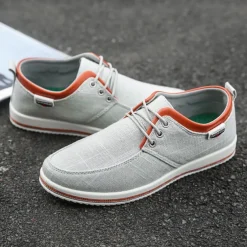 Men's Light Gray Canvas Lace-Up Casual Shoes with Contrast Trim – Stylish Lightweight Footwear for Travel, Work, and Daily Wear