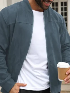 Men's Lightweight Jacket Bomber Jacket Faux Suede Jacket Bomber Leather Jacket Daily Vacation Pocket Fall & Winter Plain Fashion Classic Stand Collar Regular Black Navy Blue Royal Blue Khaki Army