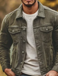 Men's Lightweight Jacket Denim Jacket Chore Jacket Formal Home Pocket Winter Spring & Fall Solid Color Retro Vintage Shirt Collar Regular Brown Jacket