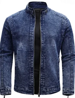 Men's Lightweight Jacket Jean Jacket Denim Jacket Formal Home Windbreaker Zipper Spring Fall Winter Solid Color Fashion Stand Collar Regular Black Blue Jacket