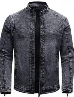 Men's Lightweight Jacket Jean Jacket Denim Jacket Formal Home Windbreaker Zipper Spring Fall Winter Solid Color Fashion Stand Collar Regular Black Blue Jacket