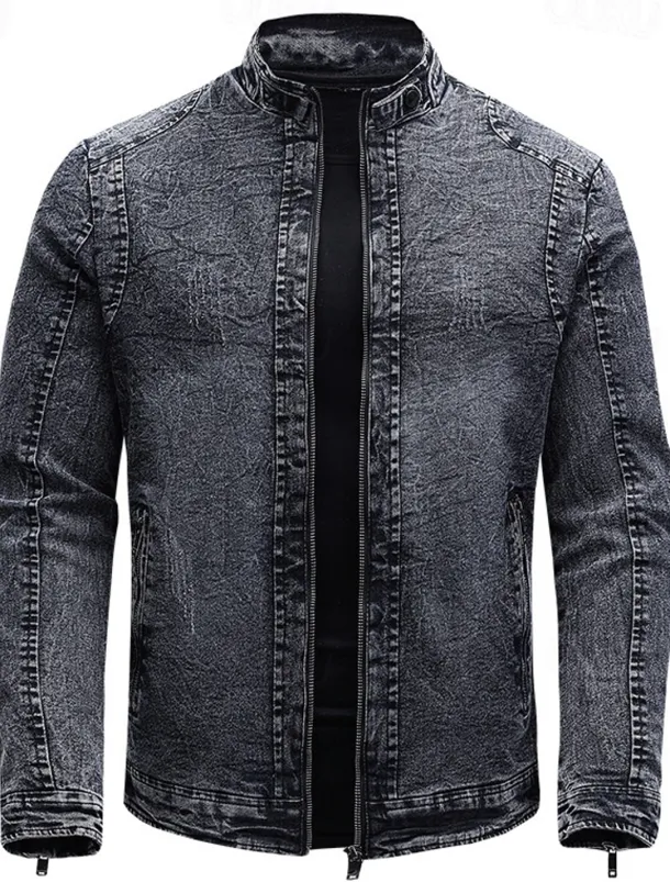 Men's Lightweight Jacket Jean Jacket Denim Jacket Formal Home Windbreaker Zipper Spring Fall Winter Solid Color Fashion Stand Collar Regular Black Blue Jacket