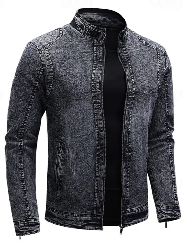 Men's Lightweight Jacket Jean Jacket Denim Jacket Formal Home Windbreaker Zipper Spring Fall Winter Solid Color Fashion Stand Collar Regular Black Blue Jacket