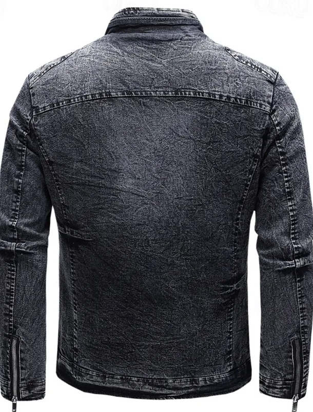 Men's Lightweight Jacket Jean Jacket Denim Jacket Formal Home Windbreaker Zipper Spring Fall Winter Solid Color Fashion Stand Collar Regular Black Blue Jacket