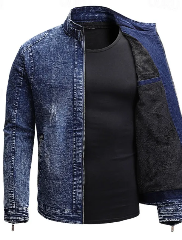 Men's Lightweight Jacket Jean Jacket Denim Jacket Formal Home Windbreaker Zipper Spring Fall Winter Solid Color Fashion Stand Collar Regular Black Blue Jacket