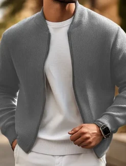 Men's Lightweight Jacket Sweater Coat Formal Home Warm Knitted Spring Fall Winter Solid Color Vintage Fashion Shirt Collar Short Black Khaki Grey Jacket