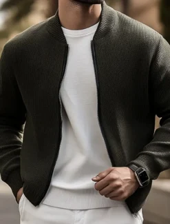 Men's Lightweight Jacket Sweater Coat Formal Home Warm Knitted Spring Fall Winter Solid Color Vintage Fashion Shirt Collar Short Black Khaki Grey Jacket