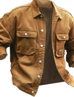 Men's Lightweight Jacket Shirt Jacket Casual Jacket Work Jacket Formal Home Pocket Spring Fall Winter Solid Color Vintage Fashion Turndown Regular Black Brown Green Khaki Jacket