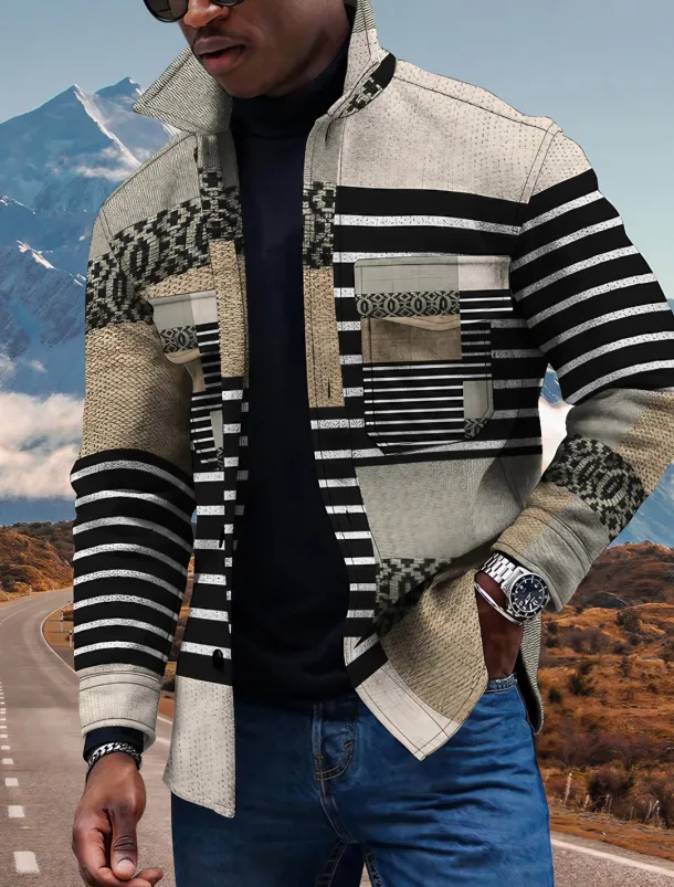 Men's Lightweight Jacket Summer Jacket Outdoor Street Pocket Print Summer Spring Striped Streetwear Sporty Turndown Regular Regular Fit Beige Jacket
