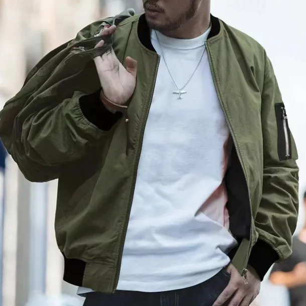 Men's Lightweight Jacket Summer Jacket Bomber Jacket Windbreaker Vacation Leisure Sports Windproof Layered Slim Fit Fall Pure Color Classic & Timeless Minimalist Crewneck Regular Regular Fit Black