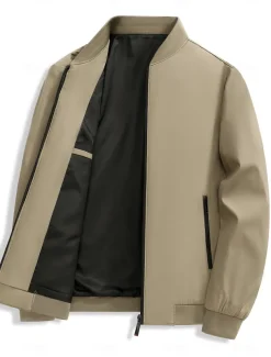 Men's Lightweight Jacket Training Outdoor Windproof Zip Up Pocket Spring Fall Solid Color Elegant Vacation Standing Collar Black Dark Red Navy Blue Khaki Jacket