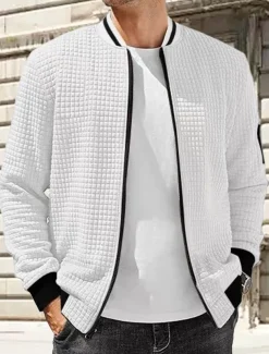 Men's Lightweight Jacket Waffle Jacket Summer Jacket Transition Jacket Vacation Daily Wearproof Pocket Spring Fall Plain Fashion Classic Stand Collar Regular Black White Navy Blue Khaki Dark Gray