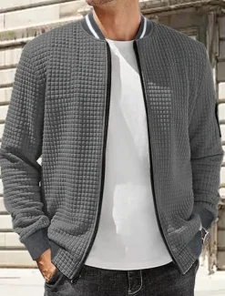 Men's Lightweight Jacket Waffle Jacket Summer Jacket Transition Jacket Vacation Daily Wearproof Pocket Spring Fall Plain Fashion Classic Stand Collar Regular Black White Navy Blue Khaki Dark Gray