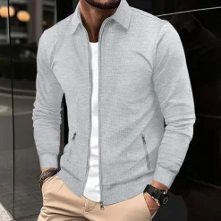 Men's Lightweight Jacket Waffle Jacket Summer Jacket Shirt Jacket Vacation Daily Soft Pocket Spring & Fall Plain Fashion Classic Lapel Regular Waffle Fabric Black White Blue Khaki Gray Jacket